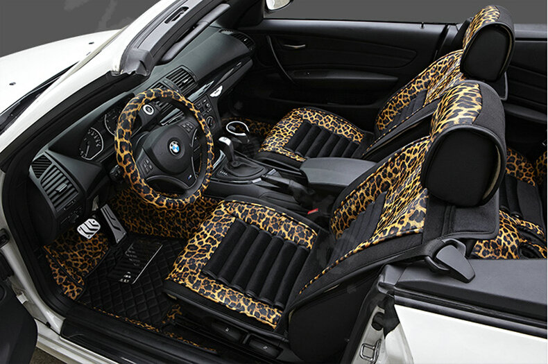 Fashion Leopard Print Female Universal Car Seat Cushion PU Leather Flocking 10pcs Set - Golden