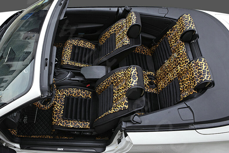 Fashion Leopard Print Female Universal Car Seat Cushion PU Leather Flocking 10pcs Set - Golden