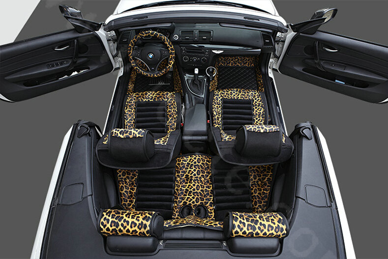 Fashion Leopard Print Female Universal Car Seat Cushion PU Leather Flocking 10pcs Set - Golden