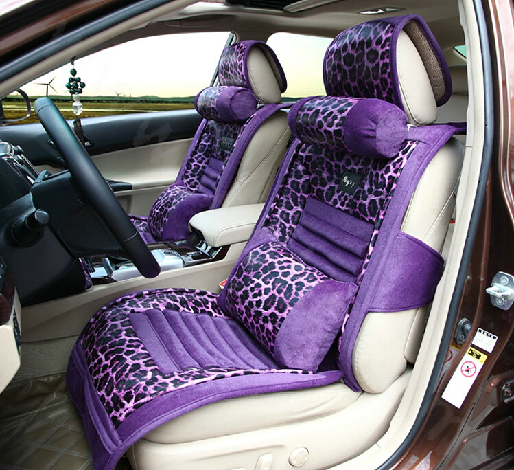 Fashion Leopard Print Female Universal Car Seat Cushion PU Leather Flocking 10pcs Set - Purple