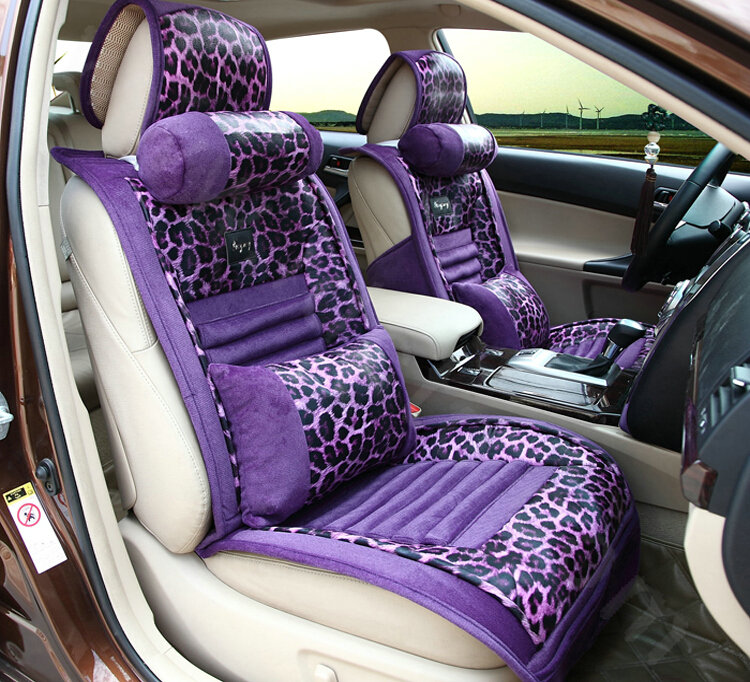 Fashion Leopard Print Female Universal Car Seat Cushion PU Leather Flocking 10pcs Set - Purple