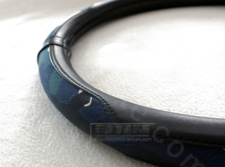 Fashion Man Camo Cloth Leather Grip Steering Wheel Covers 15 inch 38CM - Black Blue