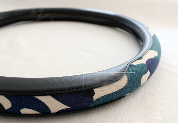 Fashion Man Camo Cloth Leather Grip Steering Wheel Covers 15 inch 38CM - Black Blue