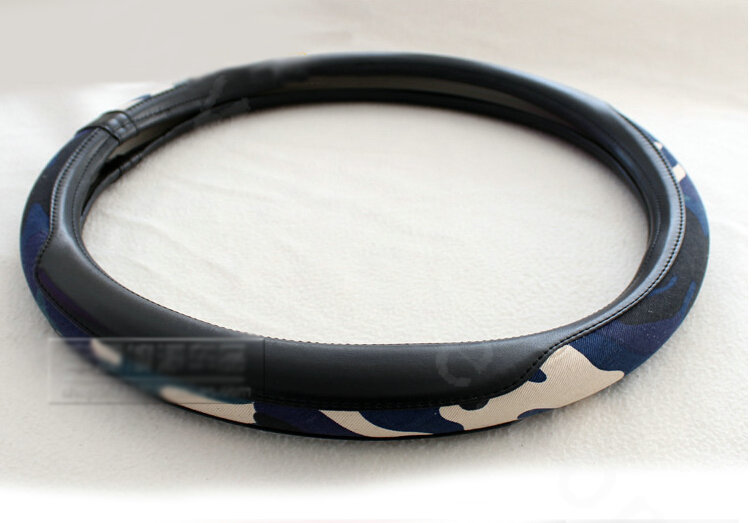 Fashion Man Camo Cloth Leather Grip Steering Wheel Covers 15 inch 38CM - Black Blue
