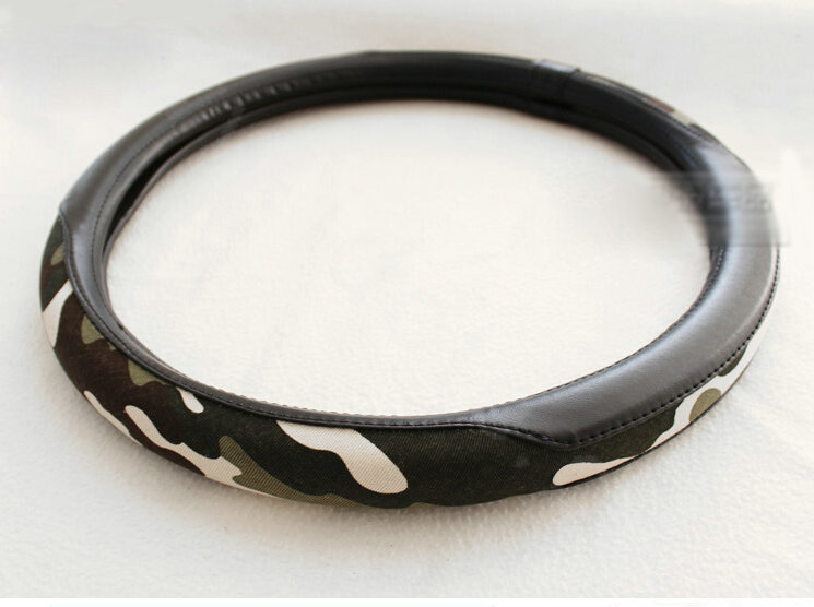 Fashion Man Camo Cloth Leather Grip Steering Wheel Covers 15 inch 38CM - Black Green