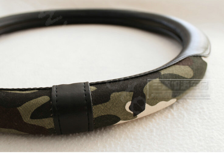 Fashion Man Camo Cloth Leather Grip Steering Wheel Covers 15 inch 38CM - Black Green