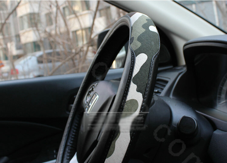 Fashion Man Camo Cloth Leather Grip Steering Wheel Covers 15 inch 38CM - Black Green