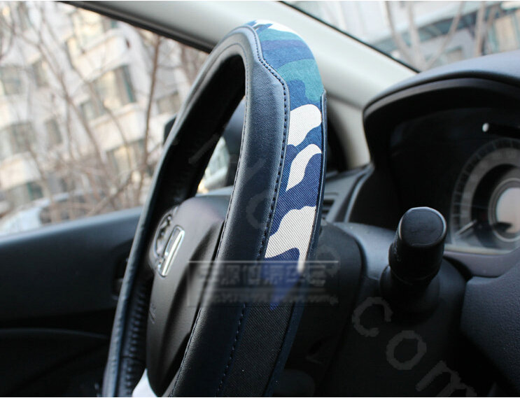 Fashion Man Camo Cloth Leather Grip Steering Wheel Covers 15 inch 38CM - Dark Blue