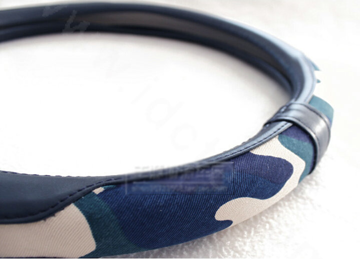Fashion Man Camo Cloth Leather Grip Steering Wheel Covers 15 inch 38CM - Dark Blue