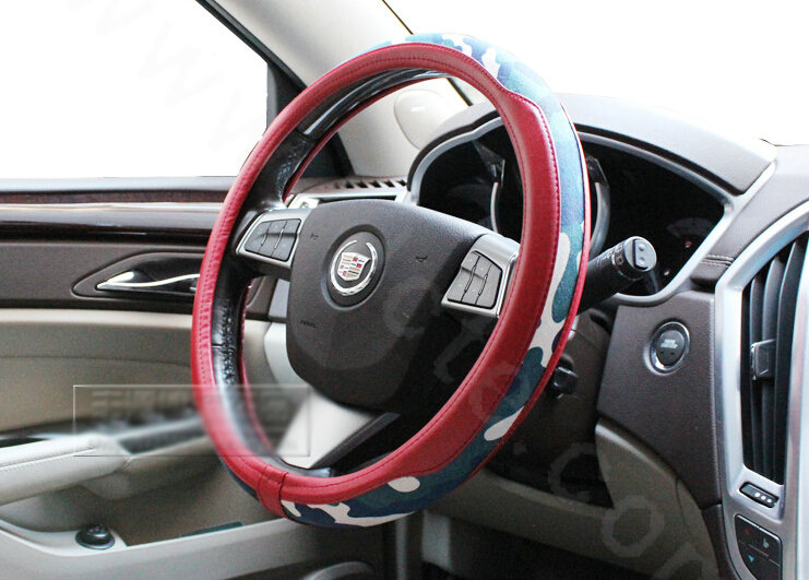 Fashion Man Camo Cloth Leather Grip Steering Wheel Covers 15 inch 38CM - Red Blue