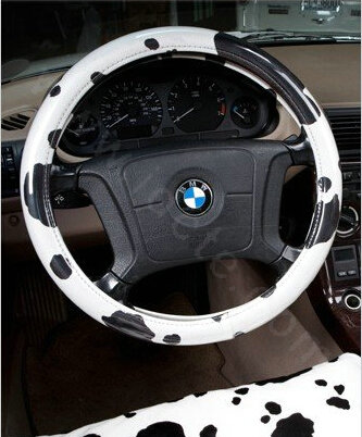 Fashion Milk Cow Print PVC Leather Auto Steering Wheel Covers 15 inch 38CM - Black White