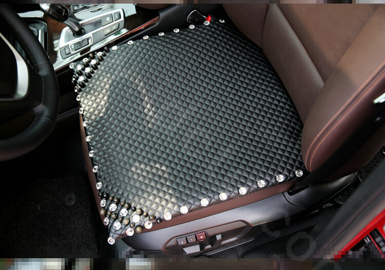 Fashion Pearl Diamond Universal Car Seat Cushion Genuine Sheepskin Auto Pad 1pcs - Black