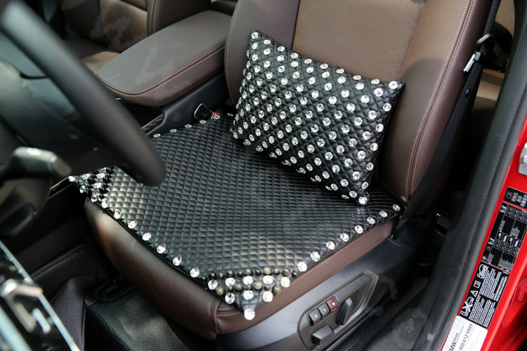 Fashion Pearl Diamond Universal Car Seat Cushion Genuine Sheepskin Auto Pad 1pcs - Black