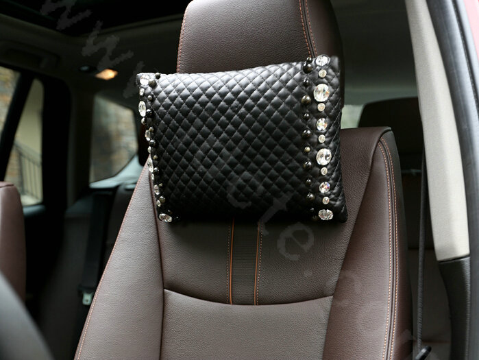 Fashion Pearl Rhinestone Car Headrest Genuine Sheepskin Neck Safety Pillow 1pcs - Black