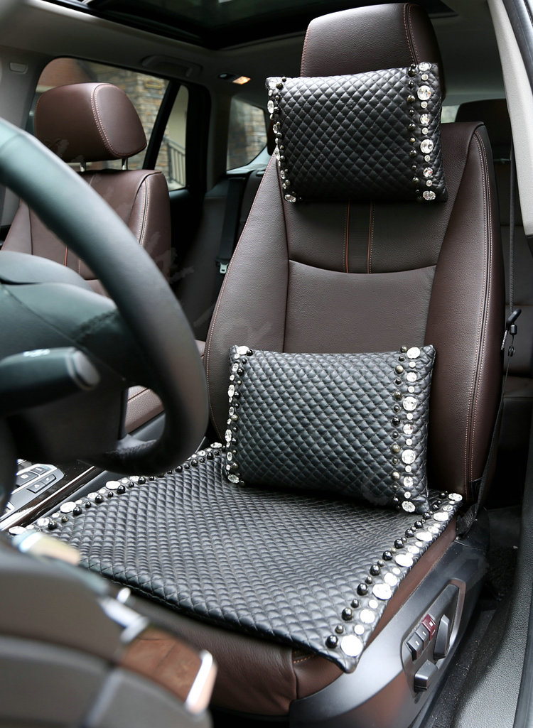 Fashion Pearl Rhinestone Car Headrest Genuine Sheepskin Neck Safety Pillow 1pcs - Black