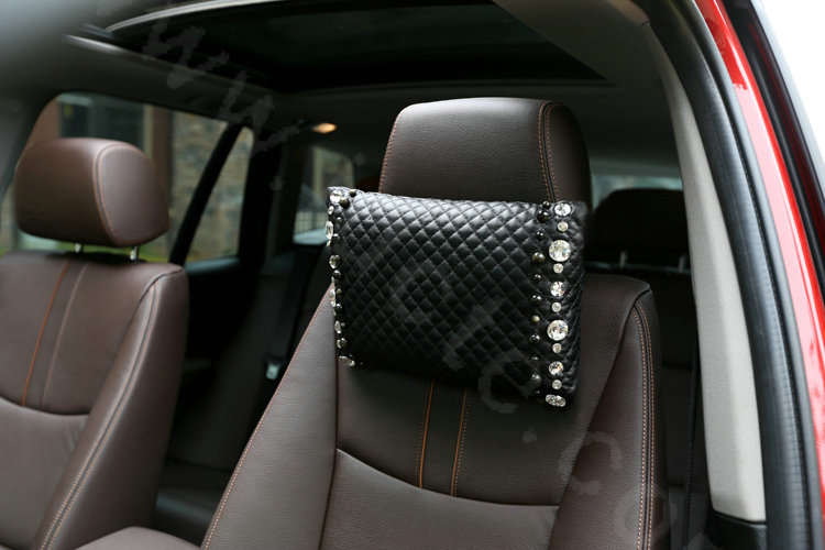Fashion Pearl Rhinestone Car Headrest Genuine Sheepskin Neck Safety Pillow 1pcs - Black