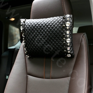 Fashion Pearl Rhinestone Car Headrest Genuine Sheepskin Neck Safety Pillow 1pcs - Black
