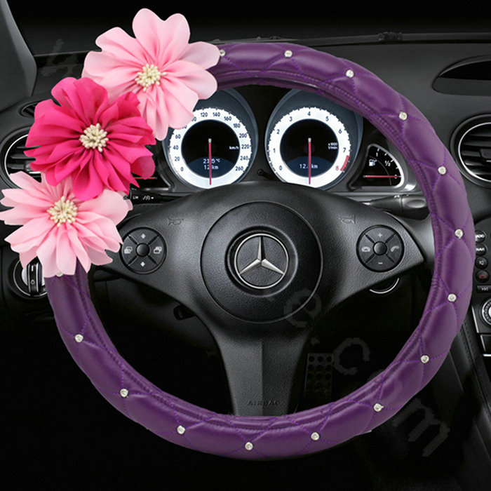 Fashion Pink Flower Crystal PU Leather Car Steering Wheel Covers 15 inch 38CM - Purple
