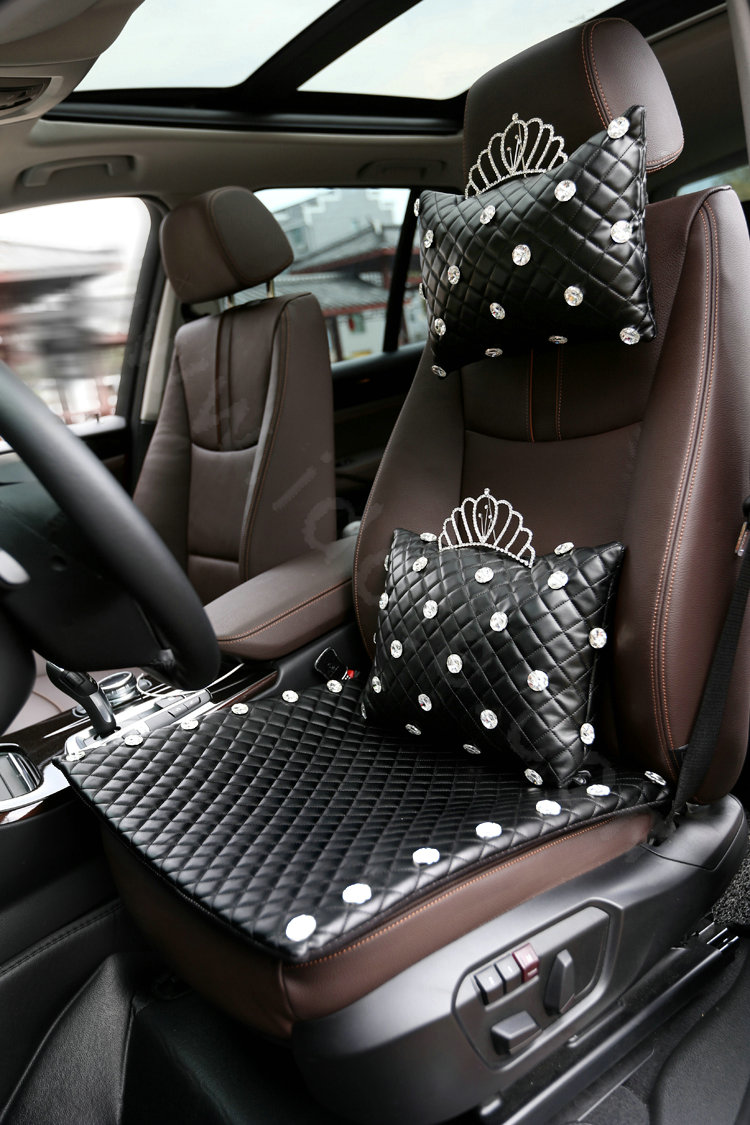 Fashion Rhinestone Universal Car Seat Cushion Genuine Sheepskin Auto Pad 1pcs - Black