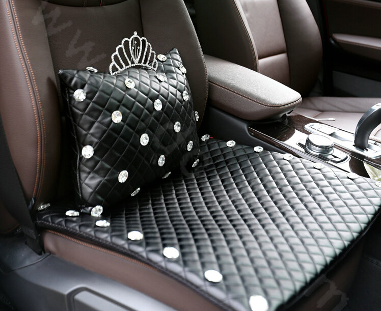 Fashion Rhinestone Universal Car Seat Cushion Genuine Sheepskin Auto Pad 1pcs - Black