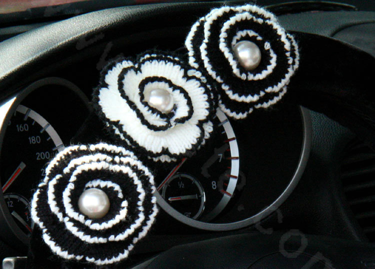 Fashion Winter Pearl Flower Genuine Wool Auto Steering Wheel Covers 15 inch 38CM - Black