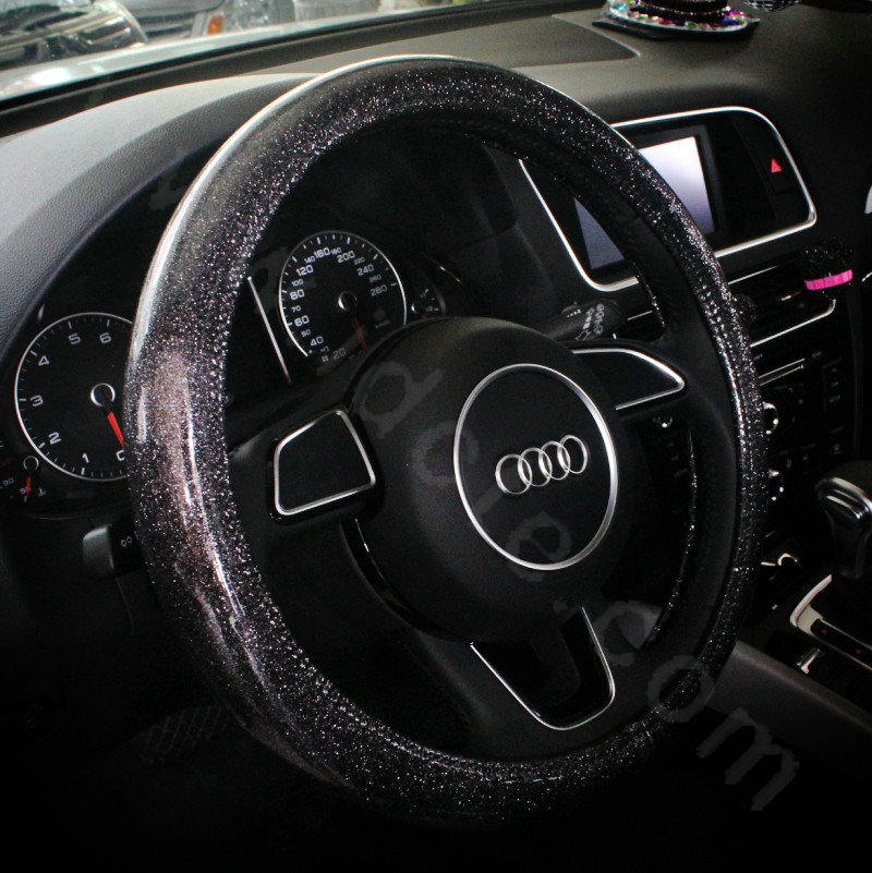 Fashion Women Glitter PU Leather Car Steering Wheel Covers 15 inch 38CM - Black