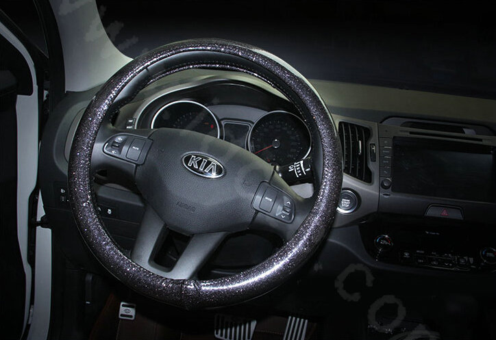Fashion Women Glitter PU Leather Car Steering Wheel Covers 15 inch 38CM - Black