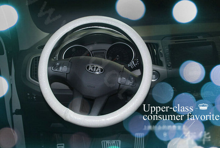 Fashion Women Glitter PU Leather Car Steering Wheel Covers 15 inch 38CM - White