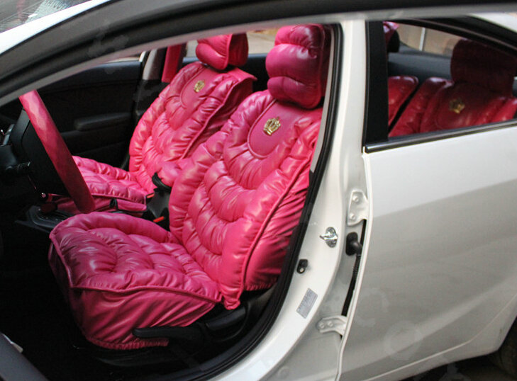 Fashion Women Leather Bubble Cushion Jp Dad Winter General Car Seat Covers 5pcs Set - Rose