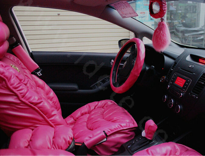 Fashion Women Leather Bubble Cushion Jp Dad Winter General Car Seat Covers 5pcs Set - Rose