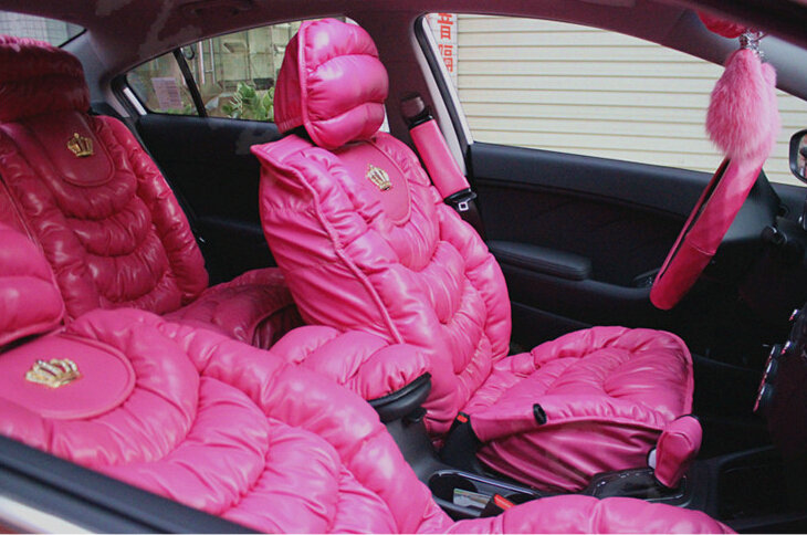 Fashion Women Leather Bubble Cushion Jp Dad Winter General Car Seat Covers 5pcs Set - Rose