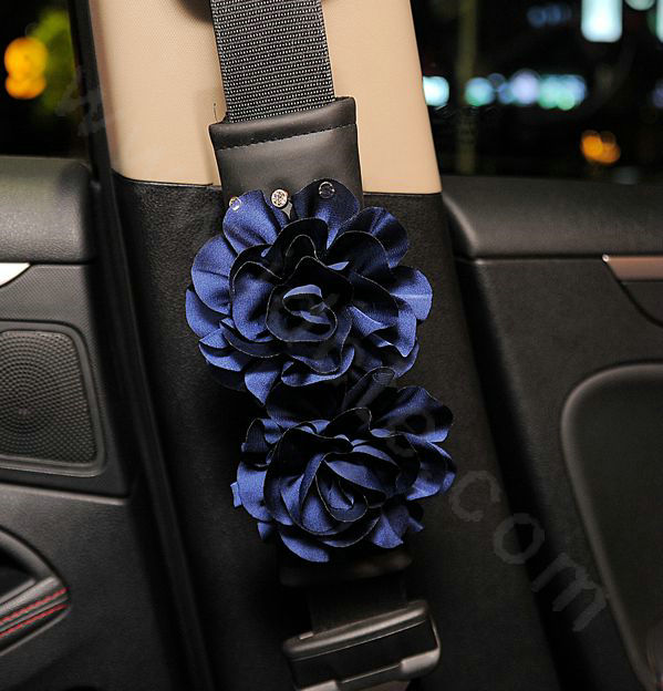 Flower Diamond Genuine Sheepskin Auto Seat Safety Belt Covers Car Decoration 2pcs - Blue