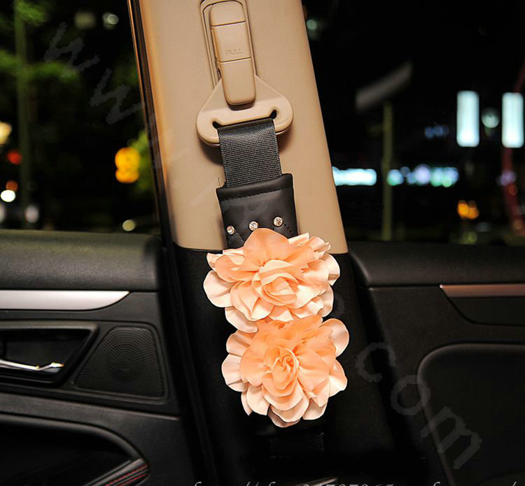 Flower Diamond Genuine Sheepskin Auto Seat Safety Belt Covers Car Decoration 2pcs - Champagne