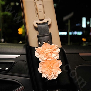 Flower Diamond Genuine Sheepskin Auto Seat Safety Belt Covers Car Decoration 2pcs - Champagne