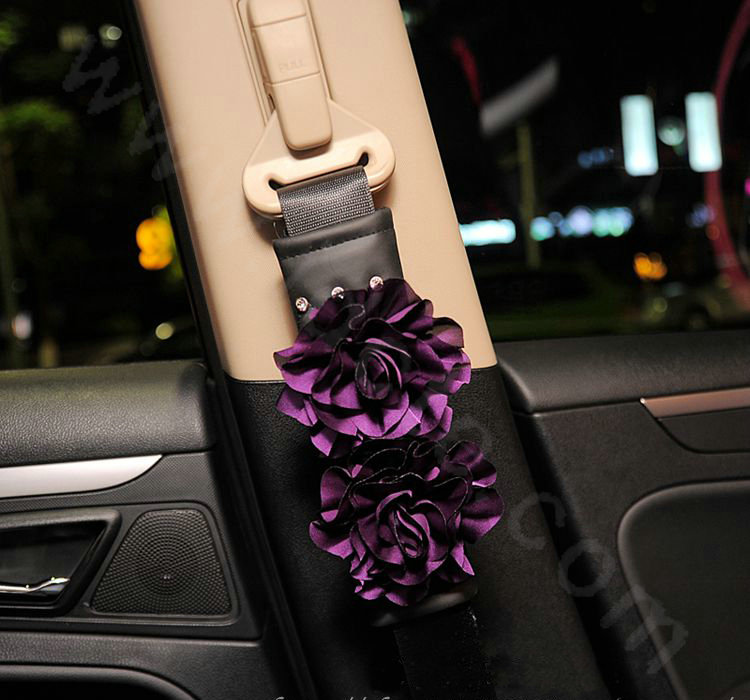 Flower Diamond Genuine Sheepskin Auto Seat Safety Belt Covers Car Decoration 2pcs - Purple
