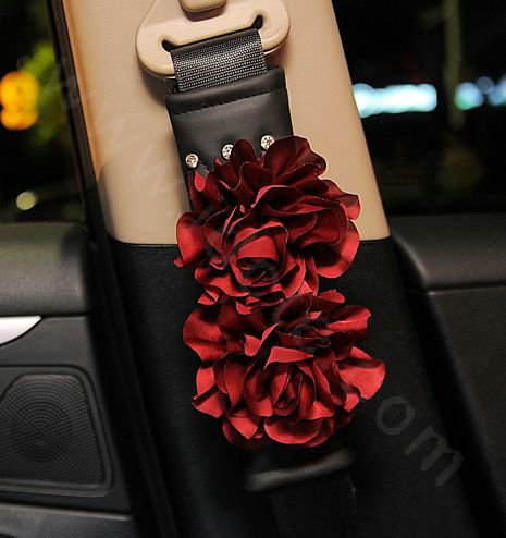 Flower Diamond Genuine Sheepskin Auto Seat Safety Belt Covers Car Decoration 2pcs - Red