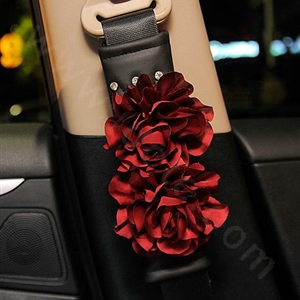 Flower Diamond Genuine Sheepskin Auto Seat Safety Belt Covers Car Decoration 2pcs - Red