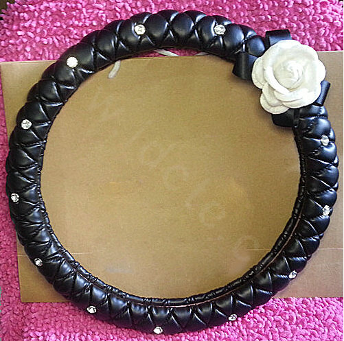 Flower Diamond Grip Steering Wheel Covers General Genuine Leather 15 inch 38CM - Black