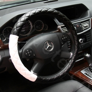 General Diamond Lattice Genuine Leather Grip Steering Wheel Covers 15 inch 38CM - Black White