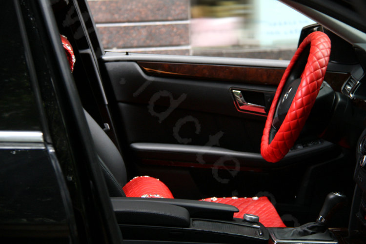 General Genuine Sheepskin Leather Grip Auto Steering Wheel Covers 15 inch 38CM - Red