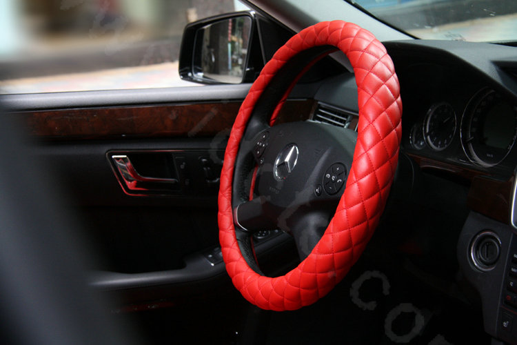 General Genuine Sheepskin Leather Grip Auto Steering Wheel Covers 15 inch 38CM - Red