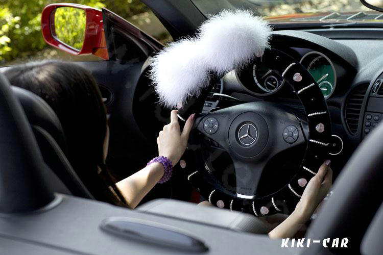 Genuine Wool White Rabbit Ball Fur Powder Crystal Auto Steering Wheel Covers 14 inch 36CM - Black