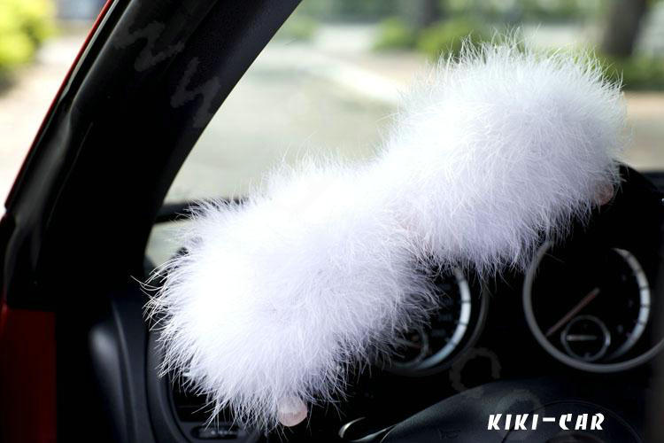 Genuine Wool White Rabbit Ball Fur Powder Crystal Auto Steering Wheel Covers 15 inch 38CM - Black