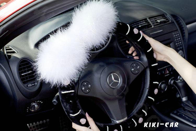 Genuine Wool White Rabbit Ball Fur Powder Crystal Auto Steering Wheel Covers 15 inch 38CM - Black