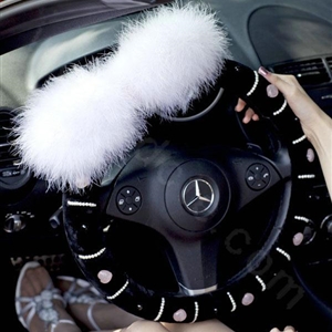 Genuine Wool White Rabbit Ball Fur Powder Crystal Auto Steering Wheel Covers 15 inch 38CM - Black