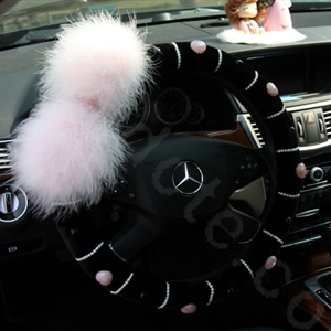 Genuine Wool With Rabbit Ball Fur Powder Crystal Auto Steering Wheel Covers 14 inch 36CM - Black
