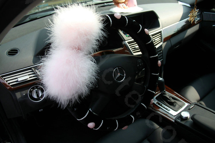 Genuine Wool With Rabbit Ball Fur Powder Crystal Auto Steering Wheel Covers 15 inch 38CM - Black