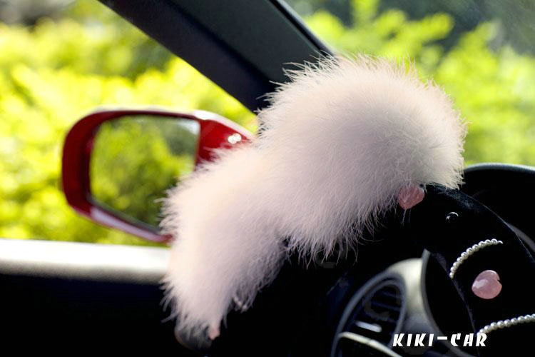 Genuine Wool With Rabbit Ball Fur Powder Crystal Auto Steering Wheel Covers 15 inch 38CM - Black