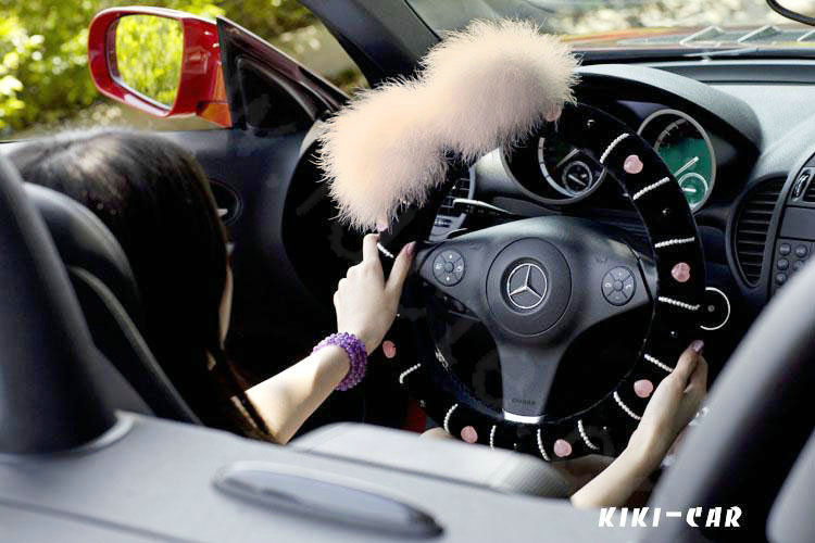 Genuine Wool With Rabbit Ball Fur Powder Crystal Auto Steering Wheel Covers 15 inch 38CM - Black