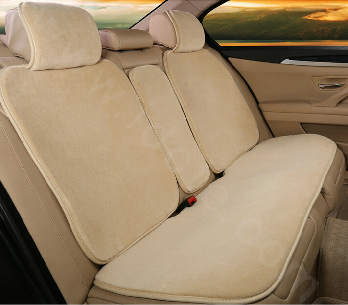 High-Grade Genuine Pure Wool Auto Cushion Universal Car Seat Covers 11pcs Sets - Beige